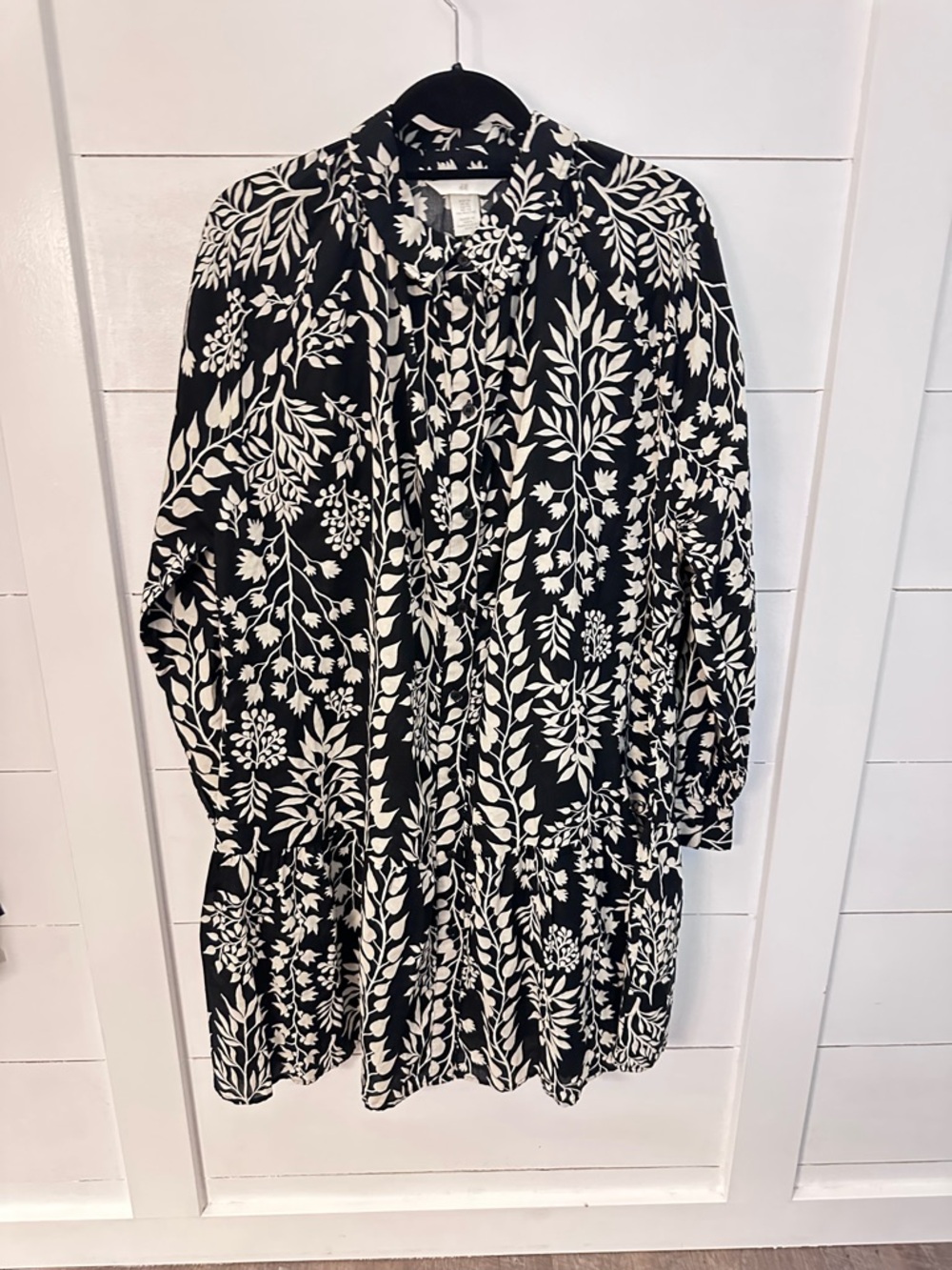 NWT H&M XL cotton black-white floral button long sleeve midi A-Line ruffle dress - Picture 2 of 16